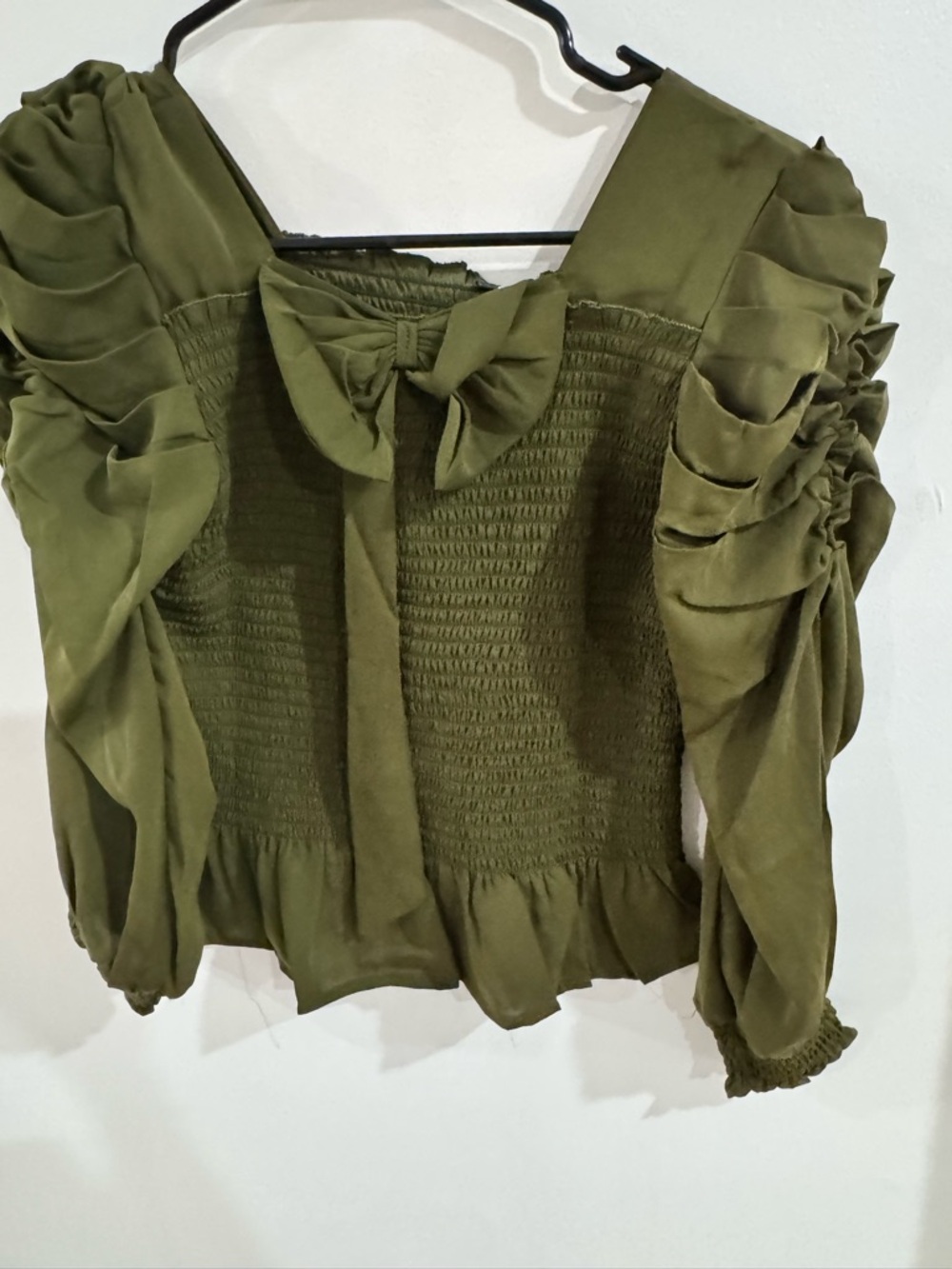 Olive Green Puff Sleeve Smocked Women's Top